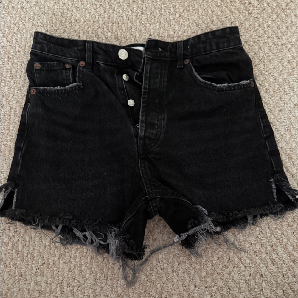 Zara Black Frayed High-Waist Denim Shorts